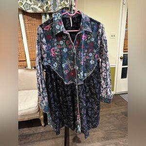 Free People My Time Babydoll Floral Printed Vintage Shirt Dress Size M